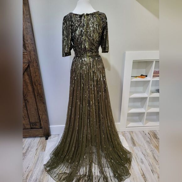 Mac Duggal SHORT SLEEVE OMBRE SEQUINED EVENING GOWN NWOT size 4 Olive Green 4913 - Picture 5 of 7